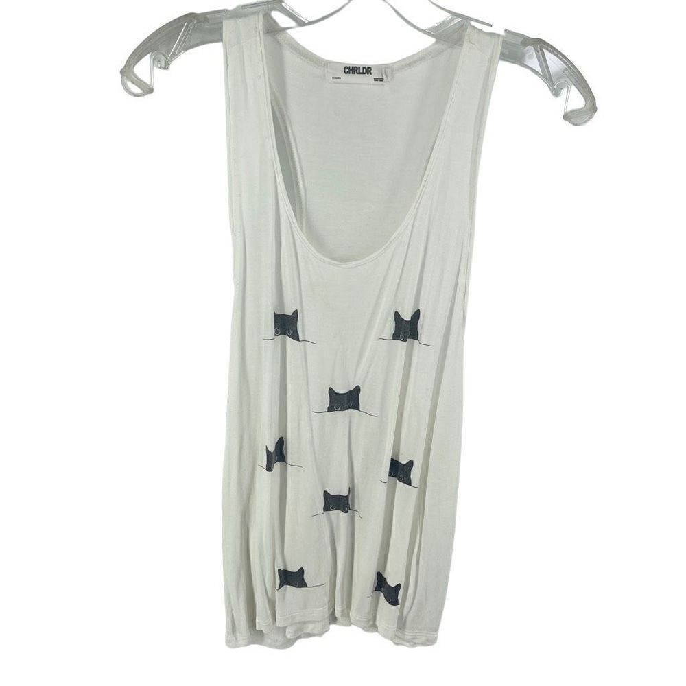 CHRLDR cat face graphic print tank top shirt white black small EUC